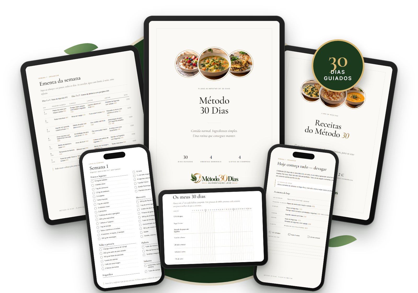 Os materiais do Método 30 Dias em tablet e telemóvel: plano alimentar, livro de receitas, listas de compras e planner